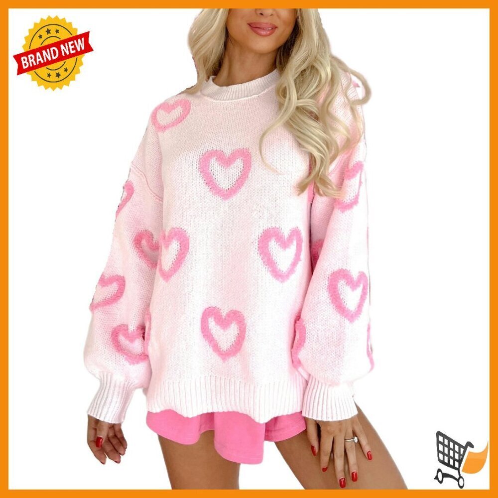 Cute Heart Print Knitted Pullover Sweater Long Sleeve Crewneck Casual